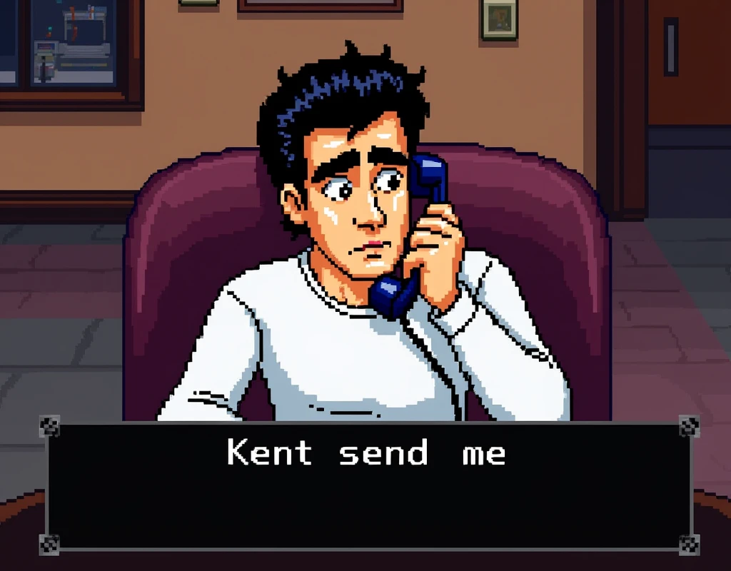 a pixelated image from the video game Leisure Suit Larry, from 1988, 8bit colors, a short man with black receding hairline and bushy black eyebrows, dressed in a long-sleeved white shirt, talking on a phone, in a room with squared furniture, at the bottom the text "Kent sent me" in white pixelated letters on black square, video game frame, top angle view,