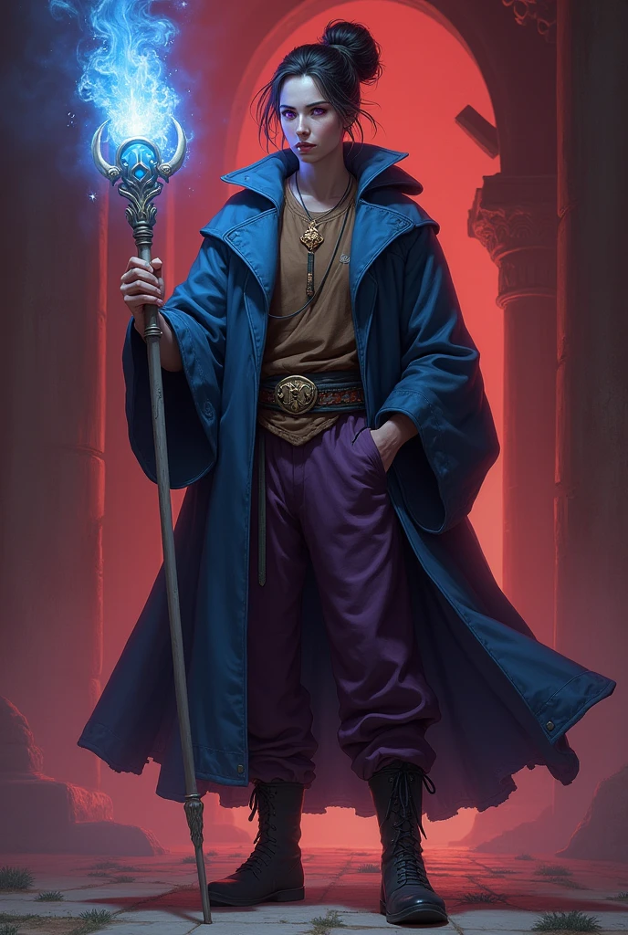 Create a d wizard&d, he has dark purple eyes, her hair is tied in a bun, he is a 26 year old adult, he wears a dark blue overcoat with a brown shirt, your pants are dark purple, and your shoes are black, he has a white staff with light blue details, vermelho e laranja, on his right hand he has a gold ring with a small jewel, and on his head he has a very simple silver crown Create in the art style of Vox Machina