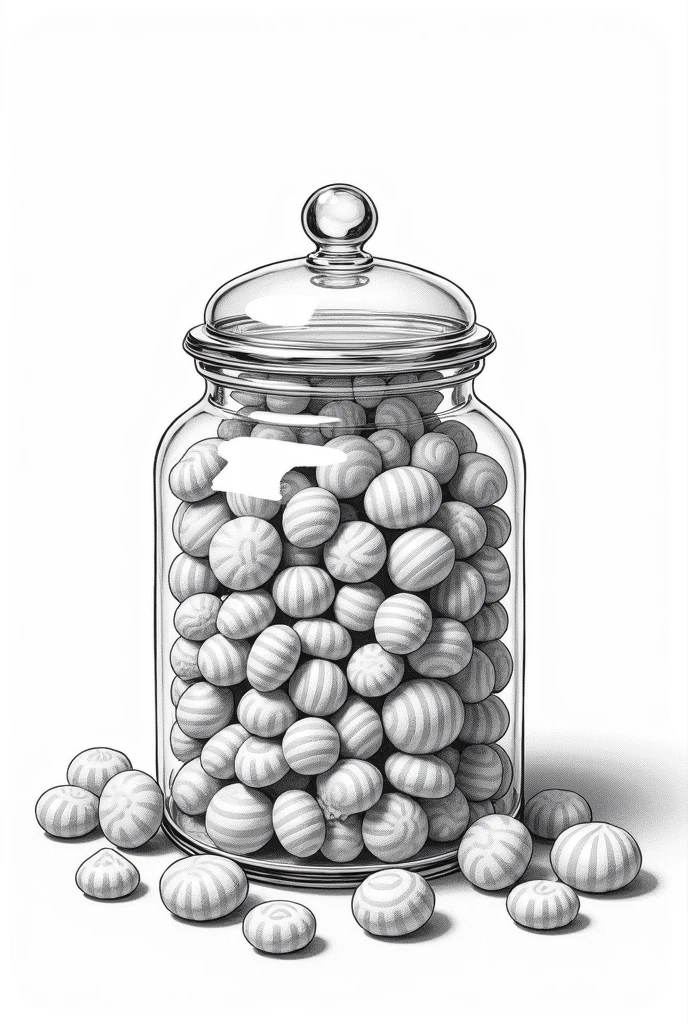 Best Quality, High resolution, masterpiece:1.2, ultra detailed, realist :1.37. , White background, monochrome, Line drawing, Sketch., Make sure the lines are clear and well defined for easy coloring.. A colorful candy jar filled with assorted sweets, including lollipops, gummies, and hard candies, with some spilling out onto the table