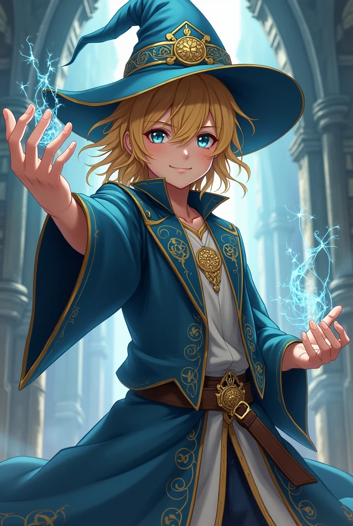 Young blonde anime male wizard with hat