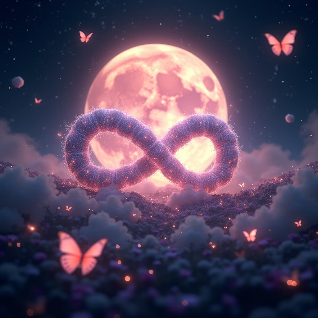 High resolution, masterpiece, Highest quality, High detail, Infinity、symbol、Infinity Mark、煌めくstarでできている輝くInfinity Mark、mysterious、myth、大きなPale pinkの月の背景、Sparkle、Night Sky、Close-up, Wide angle, 
Night Skyに煌めくstarの中に輝くInfinity Mark、Behind the mark is a big pink moon、star、star空の下には薔薇、Pale pink、Light color、Glowing Butterfly