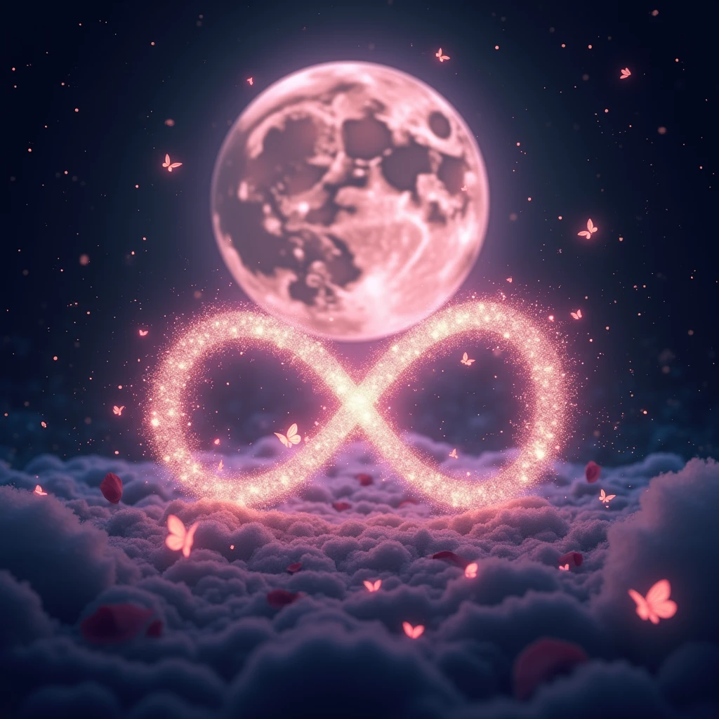 High resolution, masterpiece, Highest quality, High detail, Infinity、symbol、Infinity Mark、煌めくstarでできている輝くInfinity Mark、mysterious、myth、大きなPale pinkの月の背景、Sparkle、Night Sky、Close-up, Wide angle,
Night Skyに煌めくstarの中に輝くInfinity Mark、Behind the mark is a big pink moon、star、star空の下には薔薇、Pale pink、Light color、Glowing Butterfly