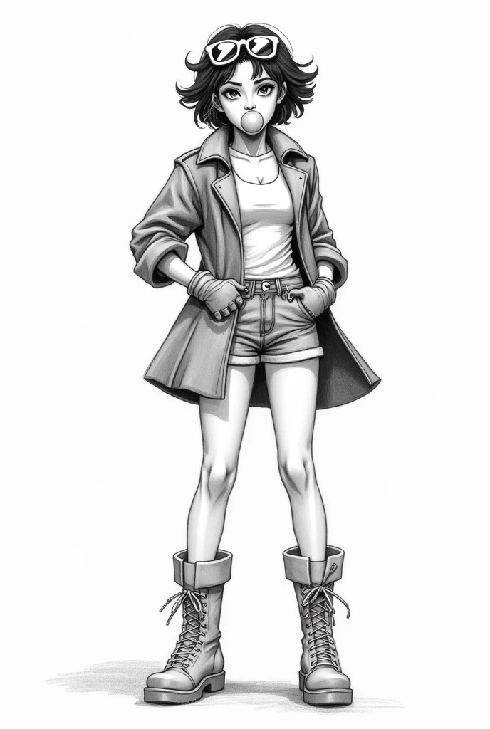 Visualize the X-Men character JUBILEE as a pencil sketch in the style of comic artist Jim Lee.
Shoe should sit on the ground pouting. JUBILEE is an Asian teenage with short hair, a coat with rolled up sleeve, long gloves, boots and denim shorts and a 80's syle sunglasses which that sits  on the top of her head that has the shape of Bret Harts icons sunglasses. She has to blew a bubblegum bubble 