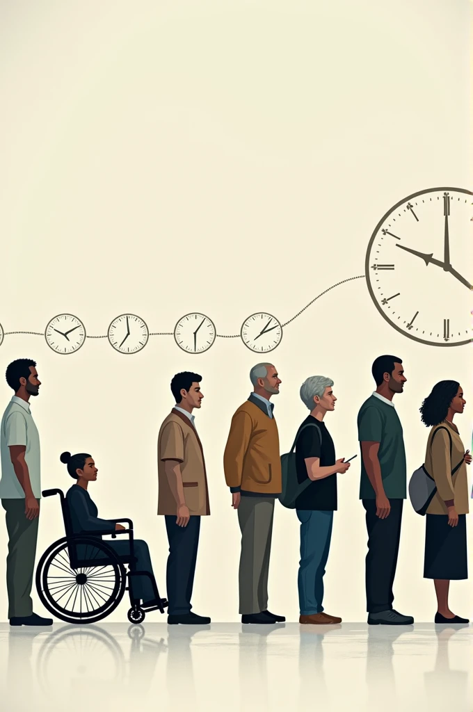 People wait their turn to acquire a wheelchair while time moves behind them