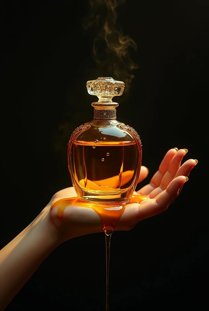 hand bathed in lots of honey holding an elegant perfume in dark tones
