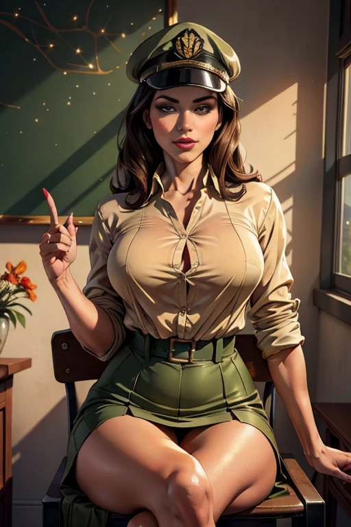 Military female officer is a bimbo teacher, wearing a green army hat, tan skin, tan lines, school classroom, at classroom chair, legs crossed, green tigh skirt, legs crossed, thick thighs, ((wearing a light brown button shirt)), (best quality,4k,8k,highres,masterpiece:1.2),ultra-detailed,(realistic,photorealistic,photo-realistic:1.37), HDR, UHD, studio lighting, ultra-fine painting, sharp focus, physically-based rendering, extreme detail description, professional, vivid colors, bokeh, portraits, lace, vintage, glamorous, sensual, delicate, smooth skin tone, golden lighting, luxurious, alluring gaze, lustrous hair, vintage makeup, graceful pose, intimate setting, soft shadows, retro decor, intricate patterns, exquisite embroidery, enchanting ambiance, feminine charm, seductive atmosphere, pointing a firearm, mysterious and dangerous allure, confident demeanor