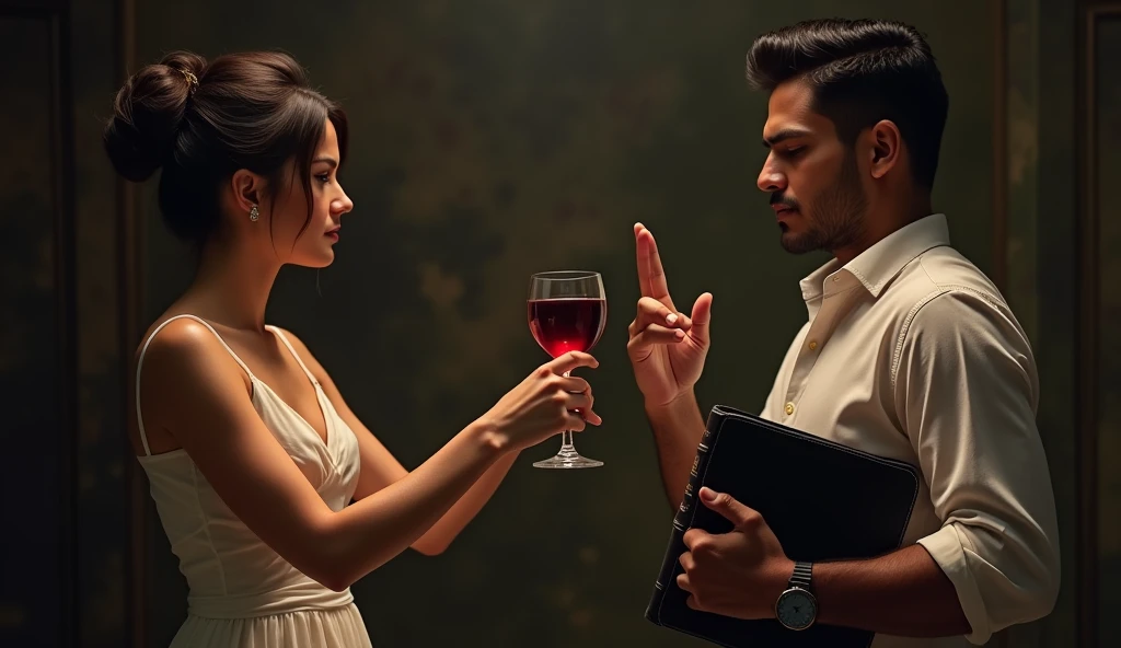 POV of an elegant woman's hand offering a glass of red wine to a young Latino man, who with his right hand makes a sign of rejection and in his other hand holds a black book that on its cover says "Holy Bible"