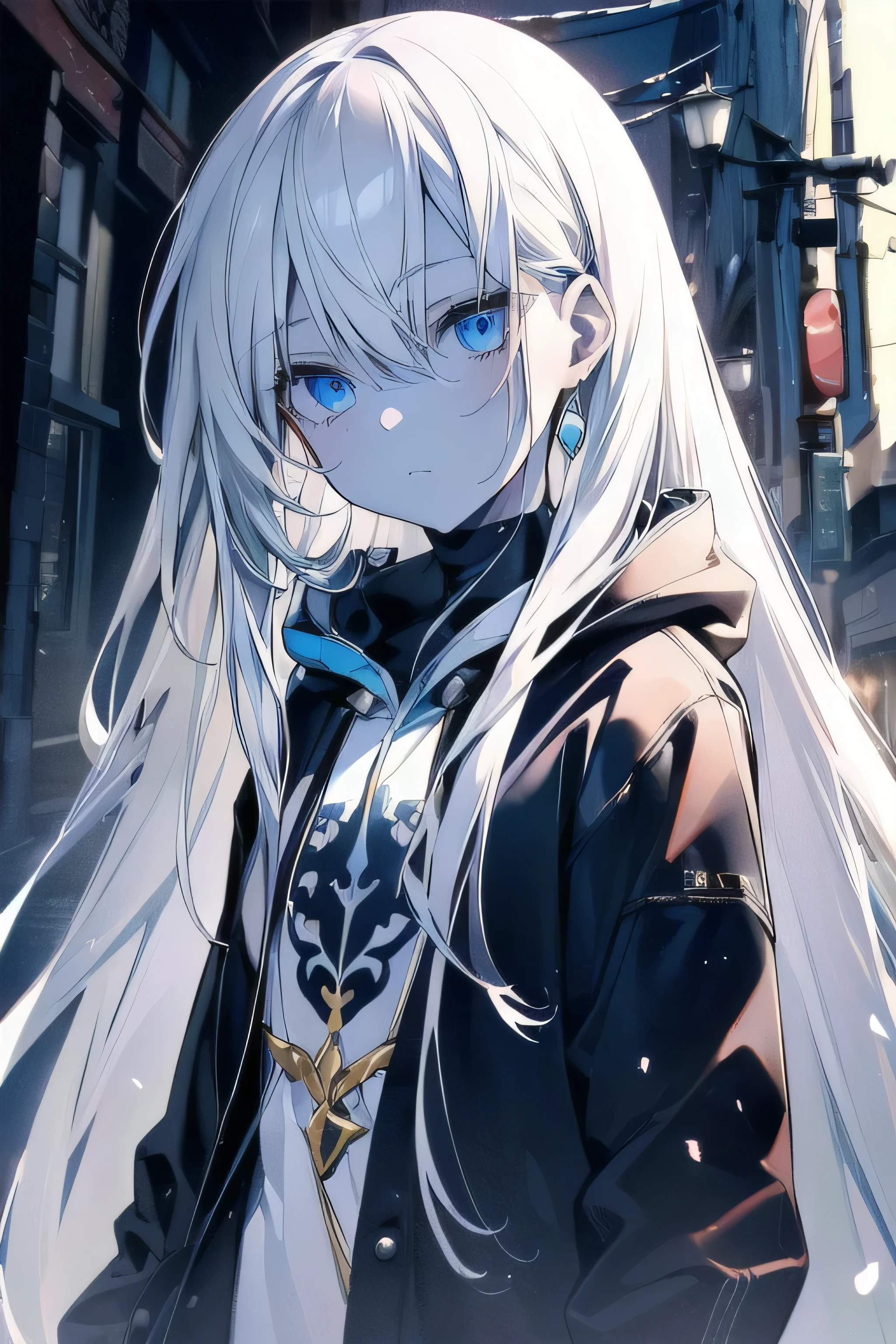 ((masterpiece)), ((best quality)), ((best illustration)), ((ultra-detailed)),((photorealistic color)), 1 lady, solo, teenager, absurdly long hair, white hair, straight hair, ((blue eyes)), ((ultra detailed eyes)), ((ultra detailed face)), gloomy, hoodie, thin body, thin arms, long arms, noon, alley