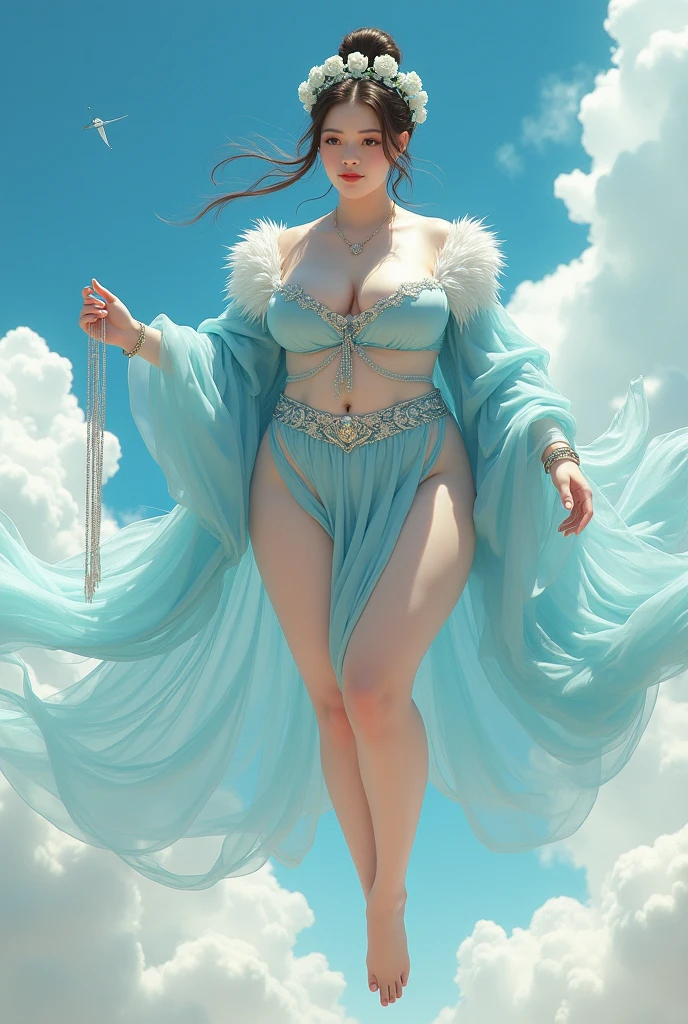 The goddess、Feather coat、coin gold、Thick body、Curvy Body、Curved waist、Large Breasts、White skin、Light blue dress、Gorgeous outfit embroidered with intricate embroidery、Exposed breasts、Flowing tulle、Long transparent colorful ribbons tied around the arm、China's Cinderella-inspired、belly button、Bare shoulders、Bare neck、Flower Hairpin、bangle ribbon、wreath、wreath、bracelet high bun hair、 anklet、(goddess)、(Floating above the clouds)、Flying gracefully through the sky、Metal chain tassels at waist、Mogao Caves Art、Ink Painting、CGSTATION Pop、On a sunny beach、(whole body))、((Ultra-realistic))