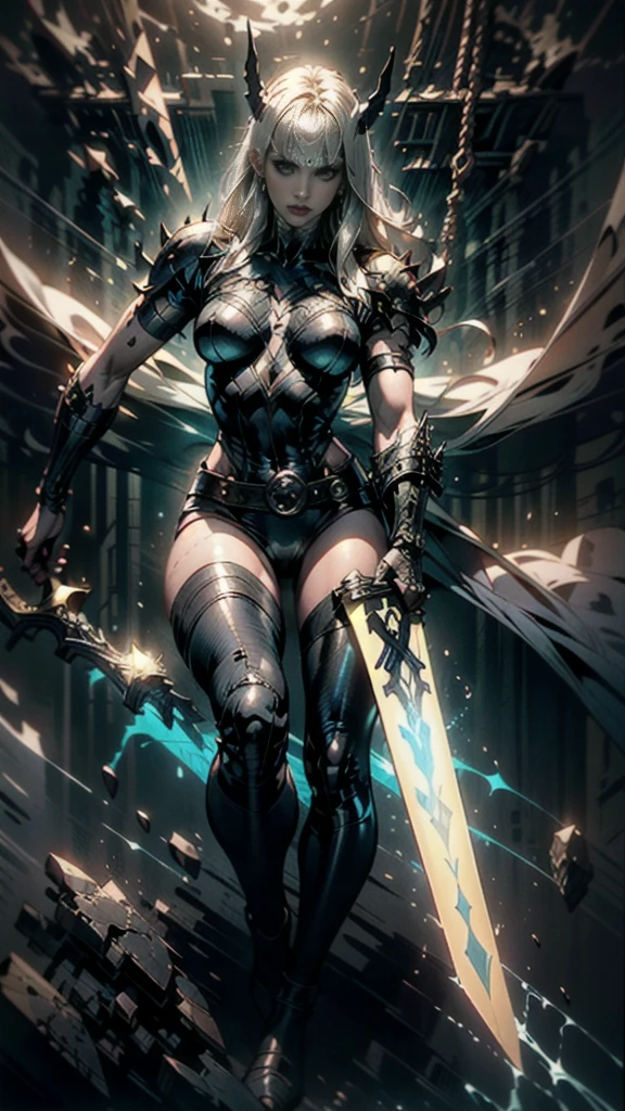 A full body portrait of Magik of X-men, Illyana Rasputin, with long white hair, piercing blue eyes, wearing a low cut unitard with high cut legs, tight thigh high boots, holding a glowing magical sword in a side view, making a huge overhead swing of the sword, in a mystical realm with swirling energy, best quality, 8k, highres, masterpiece, ultra-detailed, concept art, dark fantasy, digital painting, dramatic lighting, cinematic, intricate details, ethereal, otherworldly atmosphere