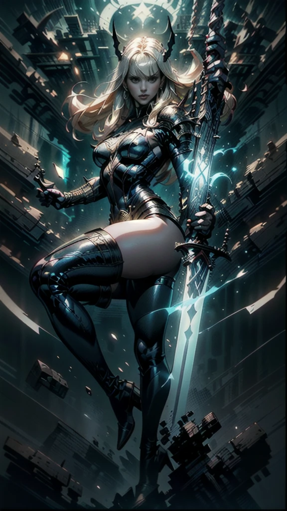 A full body portrait of Magik of X-men, Illyana Rasputin, with long white hair, piercing blue eyes, wearing a low cut unitard with high cut legs, tight thigh high boots, holding a glowing magical sword in a side view, making a huge overhead swing of the sword, in a mystical realm with swirling energy, best quality, 8k, highres, masterpiece, ultra-detailed, concept art, dark fantasy, digital painting, dramatic lighting, cinematic, intricate details, ethereal, otherworldly atmosphere