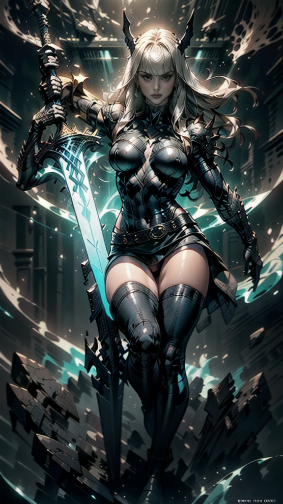 A full body portrait of Magik of X-men, Illyana Rasputin, with long white hair, piercing blue eyes, wearing a low cut unitard with high cut legs, tight thigh high boots, holding a glowing magical sword in a side view, making a huge overhead swing of the sword, in a mystical realm with swirling energy, best quality, 8k, highres, masterpiece, ultra-detailed, concept art, dark fantasy, digital painting, dramatic lighting, cinematic, intricate details, ethereal, otherworldly atmosphere