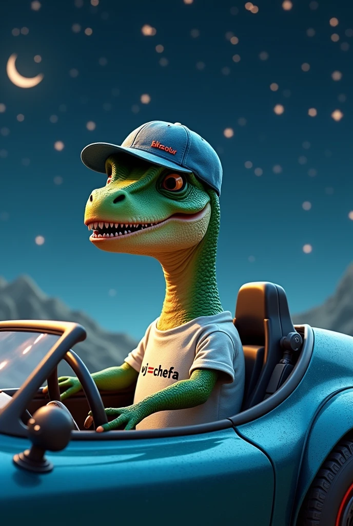 Create a young T-Rex with a cap and one t-shirt that says “WJ=CHEFFA” inside of a car from the night sky