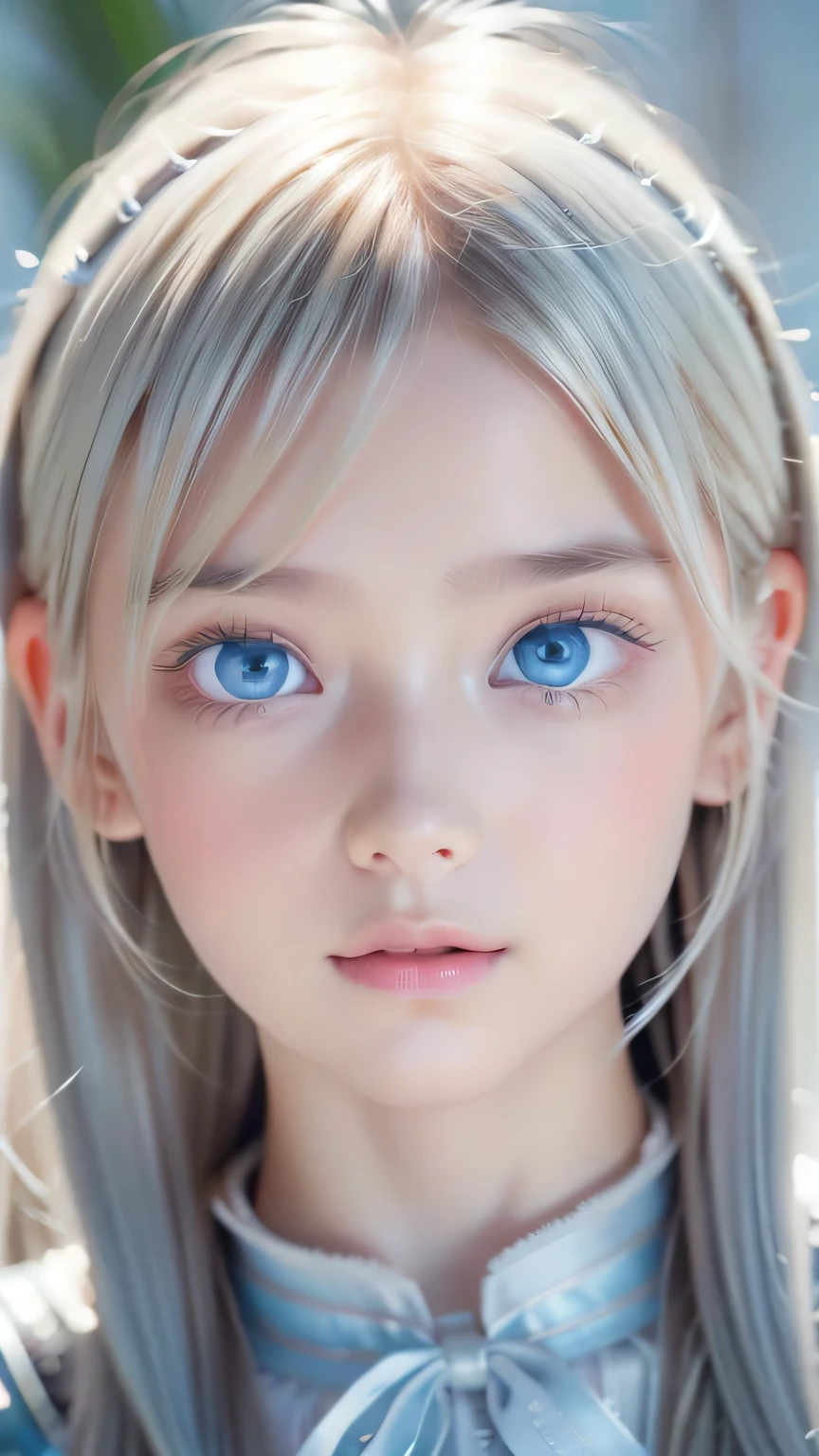 highest quality、8K Masterpiece、Ultra-high resolution、(Realistic:1.3)、RAW Photos、14 year old girl of Scandinavian descent with shiny blonde hair、Silvery blonde hair、Super long straight hair、Bangs between the eyes、bangs over eyes、片bangs over eyes、Bangs between the eyes、White and lustrous skin、1. Cyberpunk Super Beautiful Soldier、((Ultra-Realistic Details))、Portraiture、Global Illumination、Shadow Realm、Octane Rendering、8K、Super sharp、Metal、Cold colors、、Very intricate details、Realistic Light、CG Association Trends、Very beautiful, large light blue eyes、Very big eyes、Eyes shining towards the camera、Neon Details、Small Face Beauty、Round face、Cheek highlight