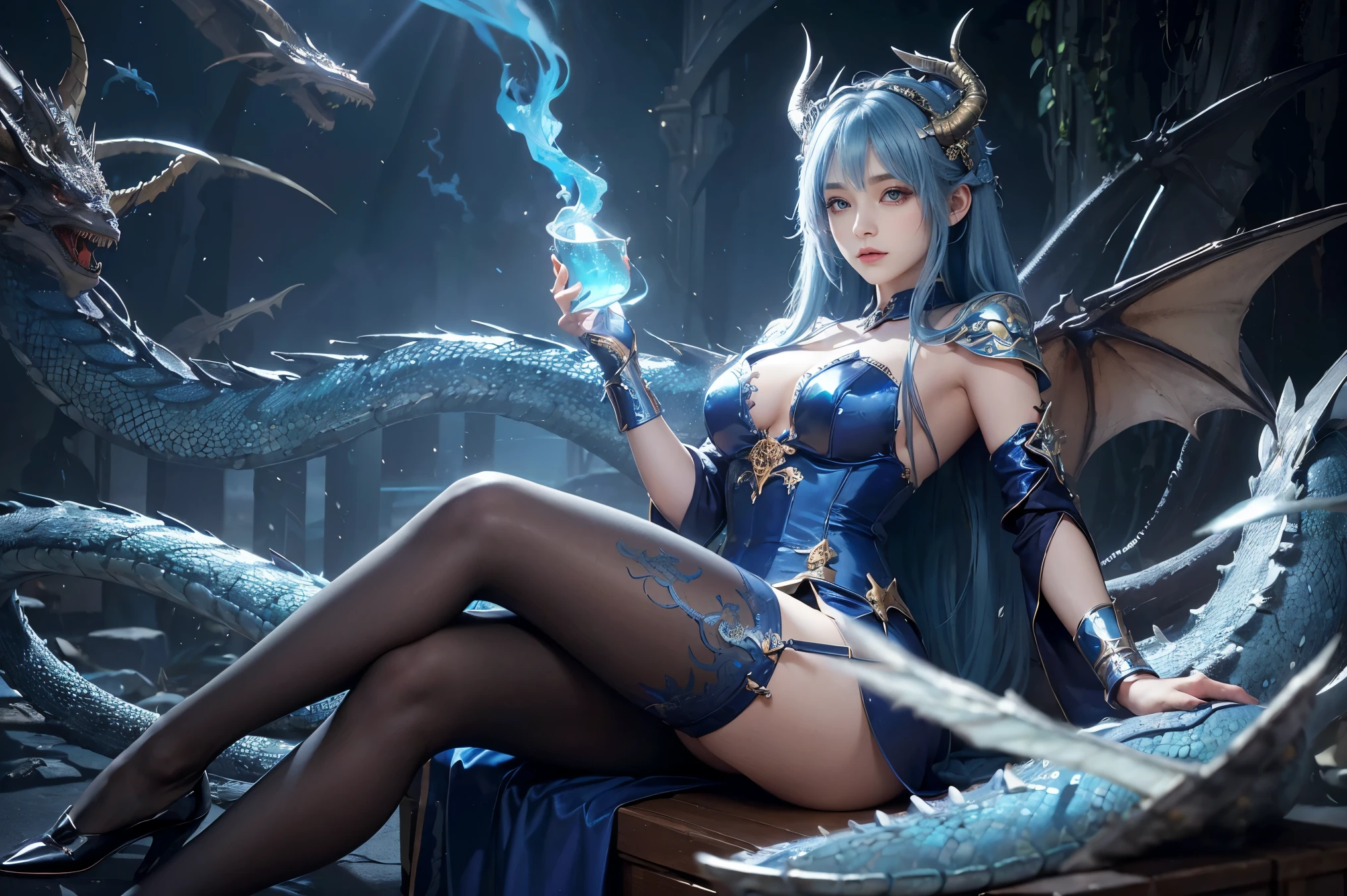 ( Absurdly , high quality , Very detailed,View Photographer)、(Blue Hair)、Queen of the Blue Dragon、Beautifully detailed dragon patterned dress and armor、Dragon-inspired costume、(((Dragon horns and wings)))、Gloves、Tattoo、((Dragon scale pantyhose))、Queen of Dragons、(masterpiece, 最high quality, 最high quality, Official Art, Beauty and aesthetics: 1.2), (One person: 1.3)、Knight Pose、Majestic and beautiful nature background
