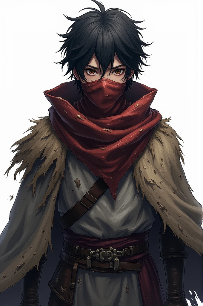 with messy black hair, dark brown eyes, bandana covering the mouth, medieval torn clothes, anime style V2, white background