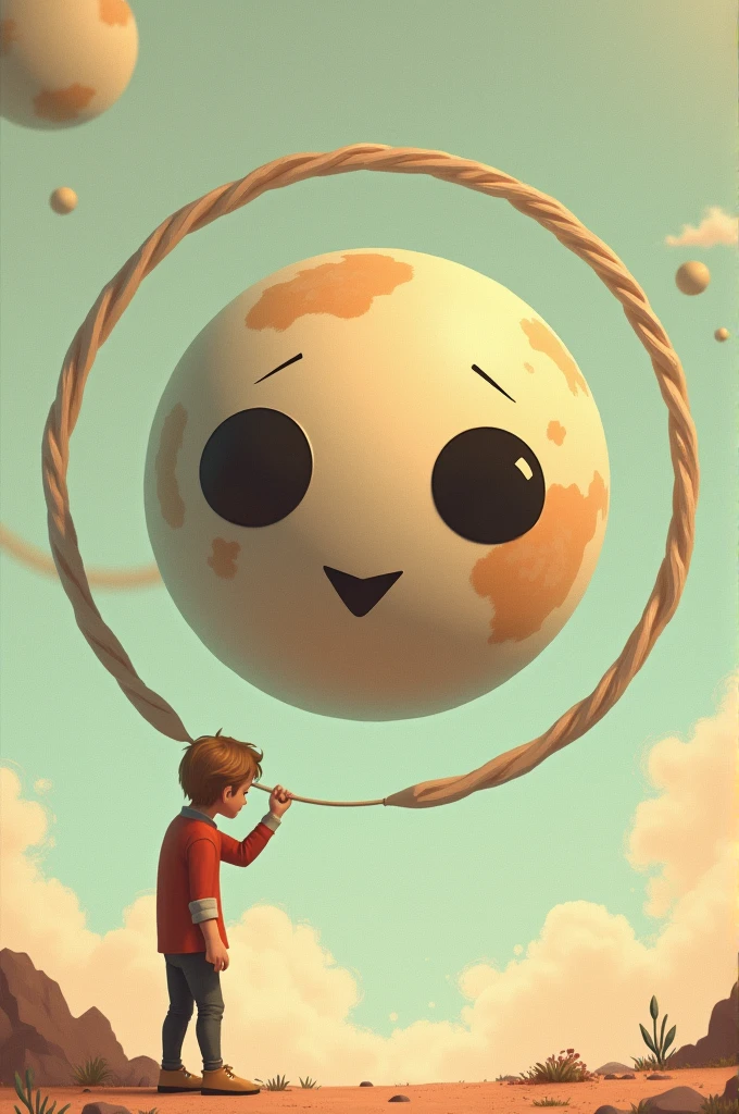 A planet with a 1930s-style face, with completely black eyes and a triangular cut in them. The planet smiles as a giant pencil draws a circle around it. Retro aesthetics, soft colors and subtle shadows.