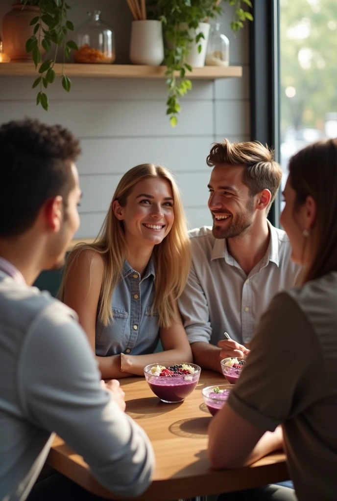 Realistic man and wife 25-35 years old, At the acai shop ,blonde hair eating acai , with friends Ultra HD, high qualiy, best qualityer, high resolution, 8k, 16K