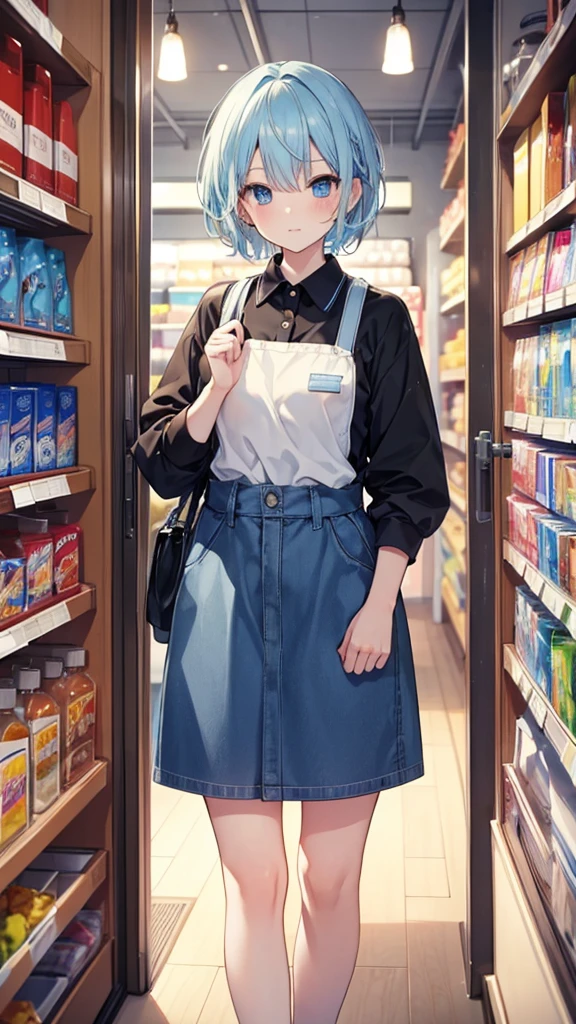 (Highest quality,Very detailed,High resolution,store clerk),Light blue hair,short hair,cute,blue eyes,I'm wearing a light blue skirt,Her highlights are a bright white.,Her eyes are white and shining,She looks at me happily