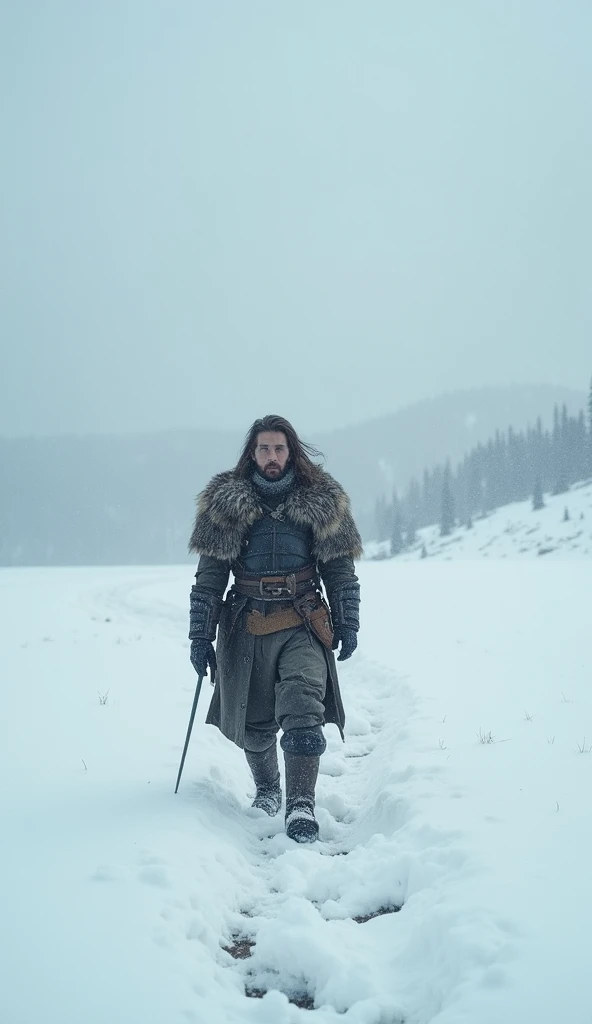 A vast snowy field, Male warrior, high resolution, The Lonely Warrior, Flower of the eye,  Snow flurries are fluttering, 8k, Wandering through the snowy fields