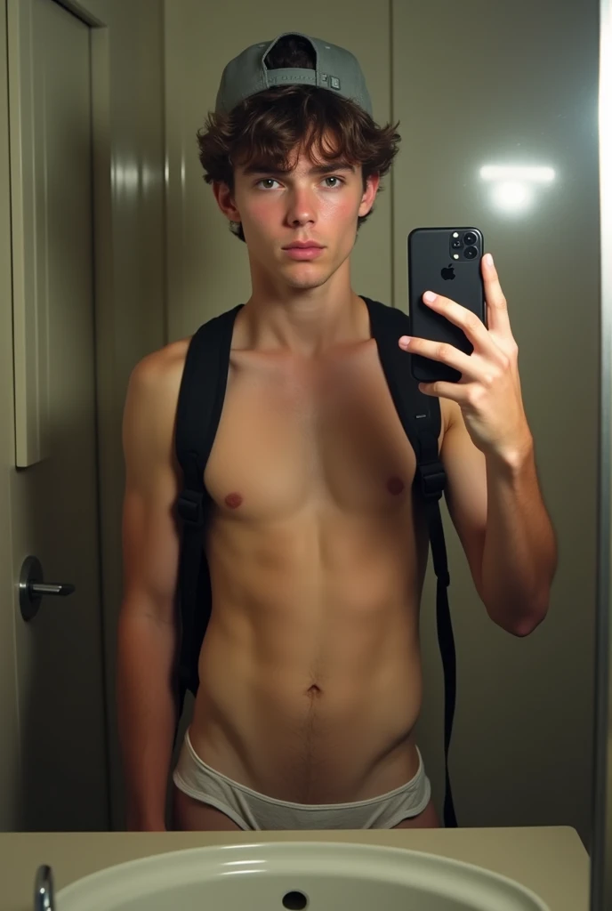 The person in the image is a young man with fair skin and short, curly hair.. He is naked with his private parts on display, appears to be in a bathroom, taking a selfie in the mirror. He is also wearing a black backpack and a backwards cap.. His expression is neutral, and he is holding a cell phone in his right hand while looking at his reflection in the mirror. 