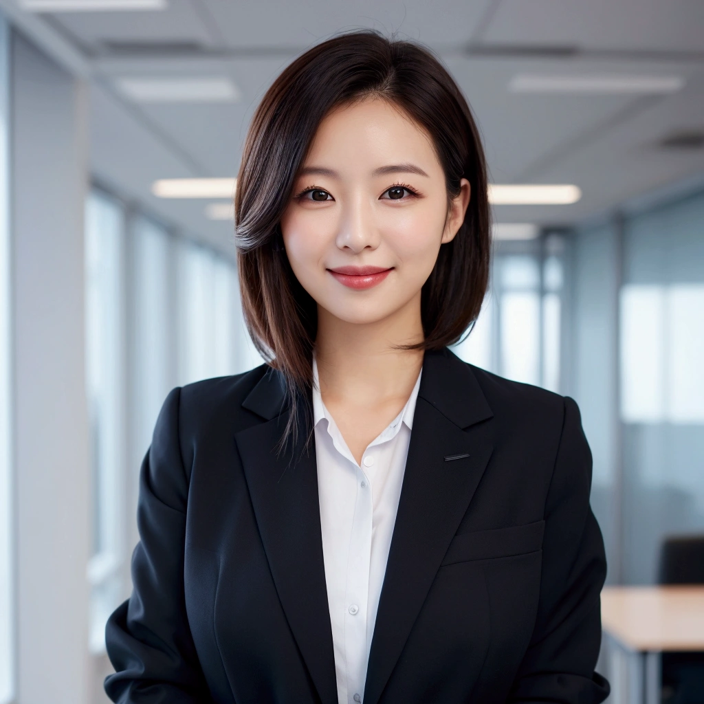 Make a professional profile picture of 1 woman smiling and looking at the camera, head and shoulders only, wearing a suit, bokeh background of an office. Add a shirt underneath the jacket