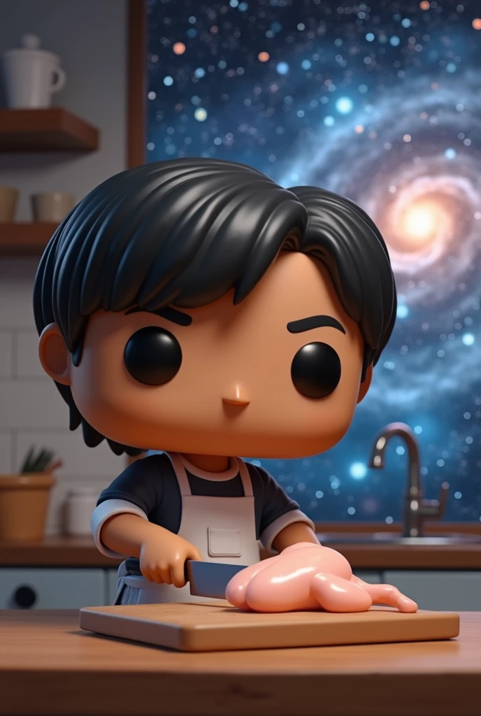 Create me an image where a Funko pop appears with short, straight black hair, light brown skin color and with kitchen clothes that is a man, if you can make it a little whiter and chopping chicken and behind him a galaxy appears

