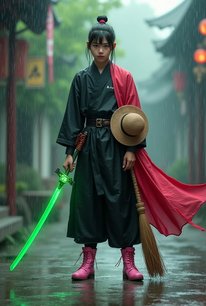 15 year old male kong fu fighter in black kimono in the rain holding a green destiny sword in the other hand a broom with straw hat and pink boots, with a prada bag, red cloak