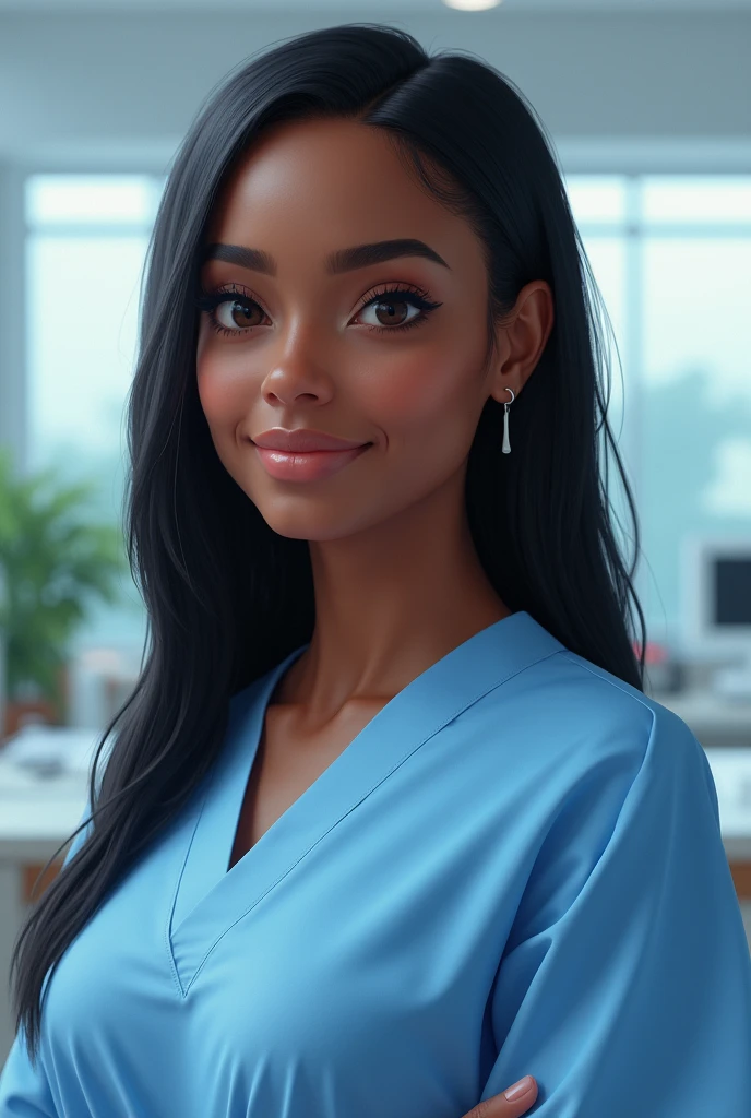 Pixar image black skin doctor, black straight hair. In a uniform and medical gown office