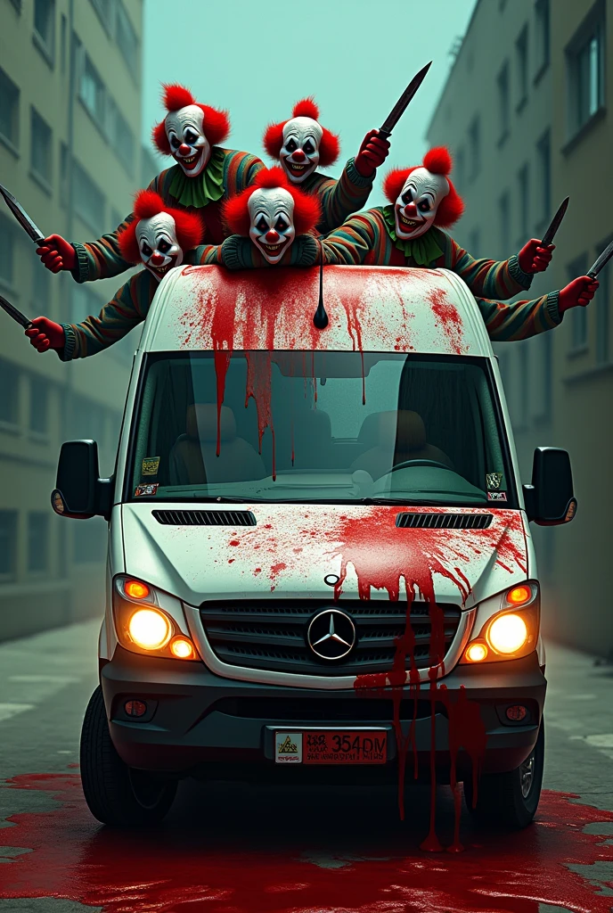 A van is filled with insane, terrifying clowns, all psychopathic and covered in blood. Some of them are sticking their heads out of the van. The van is a brand-new, spotless Mercedes, as if they just stole it from a dealership, but now it’s splattered with blood. It’s angled slightly to the right as it drives, with one clown at the wheel, looking deranged. The other clowns are playing with knives, creating a horrifying scene that instills panic in anyone who sees it