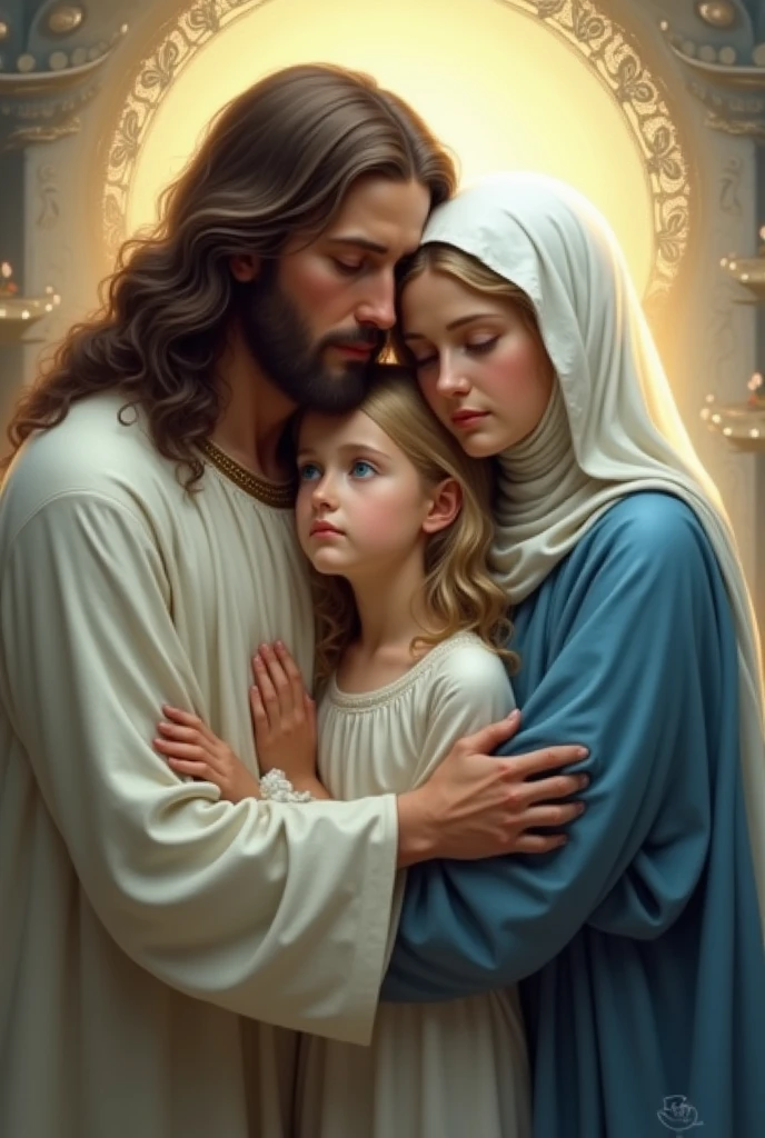 three people, sendo elas: JesusChrist, Our Lady of Fatima and a girl hugging each other, being the one with blue eyes and light hair