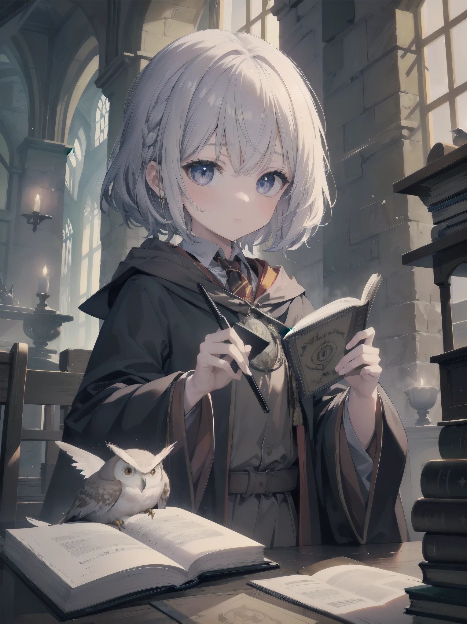 Masterpiece, Top Quality, Absurd, High Resolution, Subject Seismic, Animation Style Illustration with Mock Pause, 1 Girl, Solo, Cute random hairstyle, beautiful random expression and face, random age, slender, random clothing for situation,wizard robes, wand, magical castle, owl, spell book, (Hogwarts: 1.2), magic, wonder, (Harry Potter inspired: 1.3), mysterious atmosphere, details