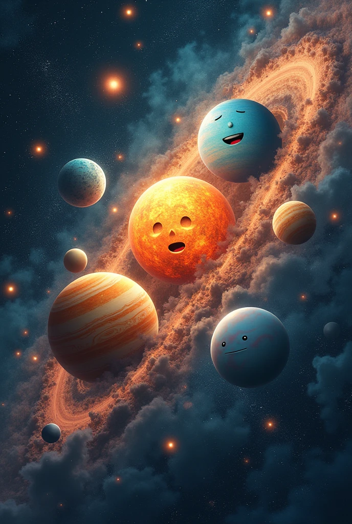 Solar system with clear expressions of emotions joy, suru, fear, anger and love.
