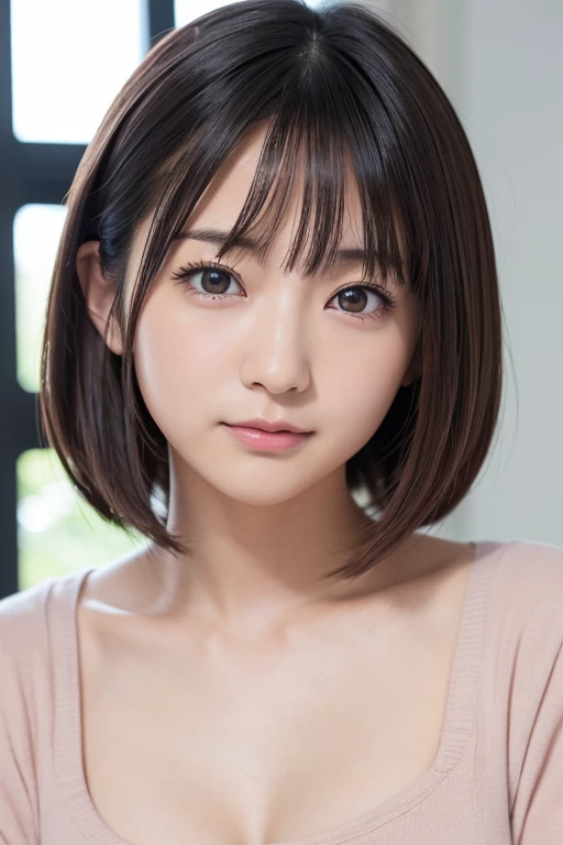 高品質in超リアルなポートレート。彼女は小さく繊細な顔立ちin、I have a slightly round face shape。Her expressive almond eyes gaze kindly and warmly..、私は眉毛が強いinす。肌は無垢in透き通るような白さin、It has a natural shine。(彼女の髪は茶色inピクシーカットinす.:1.3)in、シンプルinエレガントに整えられています。メイクはナチュラルin、Light foundation and subtle blush、Uses a soft pink lip color。ライティングはソフトin自然な光を使用し、Accentuating facial features、Do not emphasize shadows。背景はシンプルinぼかしたグラデーションin、Focus on the face。