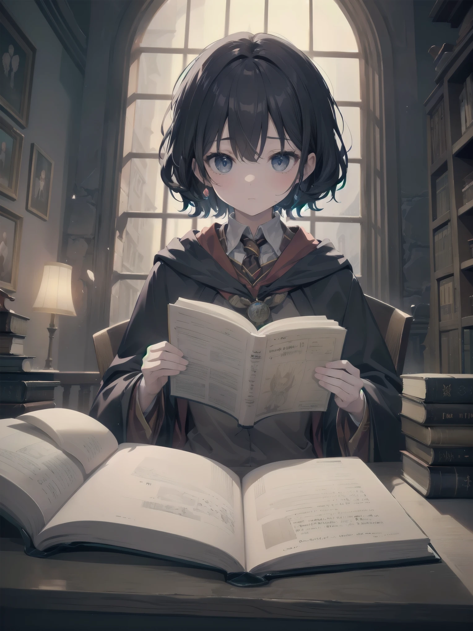 Masterpiece, Top Quality, Absurd, High Resolution, Subject Seismic, Animation Style Illustration with Mock Pause, 1 Girl, Solo, Cute random hairstyle, beautiful random expression and face, random age, slender, random clothing for situation,wizard robes, wand, magical castle, owl, spell book, (Hogwarts: 1.2), magic, wonder, (Harry Potter inspired: 1.3), mysterious atmosphere, details