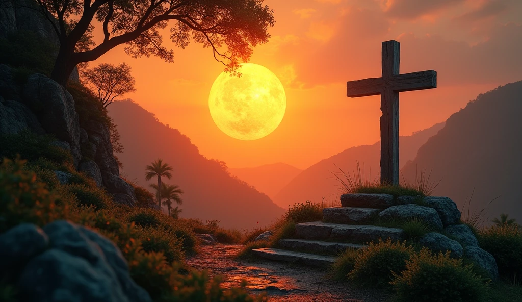 Generate images of South American and European nature, add dark tones to the images, and a beautiful strong orange sun, focus on the sun in the images with an air of hope and faith... Size 16:9 thumbnail style, when you can fit it add a cross wood in the background in the images. research before you start, and reflect.