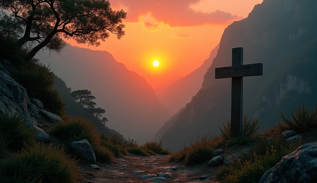 Generate images of South American and European nature, add dark tones to the images, and a beautiful strong orange sun, focus on the sun in the images with an air of hope and faith... Size 16:9 thumbnail style, when you can fit it add a cross wood in the background in the images. research before you start, and reflect.