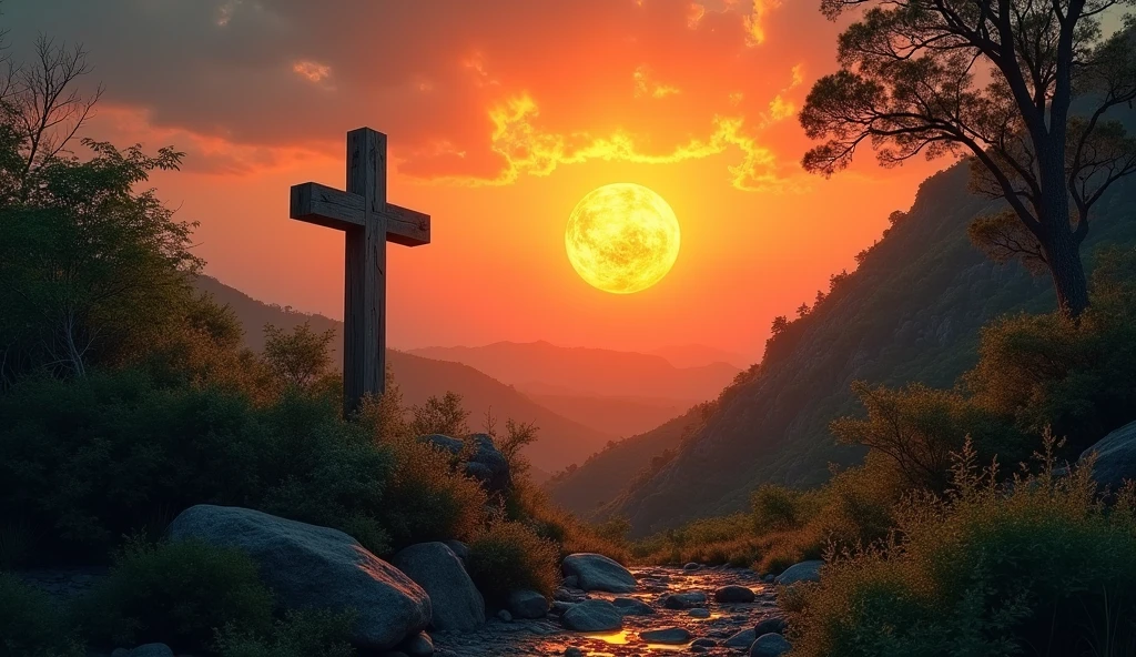 Generate images of South American and European nature, add dark tones to the images, and a beautiful strong orange sun, focus on the sun in the images with an air of hope and faith... Size 16:9 thumbnail style, when you can fit it add a cross wood in the background in the images. research before you start, and reflect.