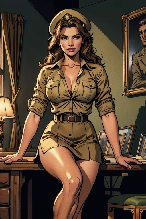 Military female officer is a bimbo teacher, wearing a green army hat, tan skin, tan lines, school classroom, at classroom chair, legs crossed, green tigh skirt, legs crossed, thick thighs, ((wearing a light brown button shirt)), (best quality,4k,8k,highres,masterpiece:1.2),ultra-detailed,(realistic,photorealistic,photo-realistic:1.37), HDR, UHD, studio lighting, ultra-fine painting, sharp focus, physically-based rendering, extreme detail description, professional, vivid colors, bokeh, portraits, lace, vintage, glamorous, sensual, delicate, smooth skin tone, golden lighting, luxurious, alluring gaze, lustrous hair, vintage makeup, graceful pose, intimate setting, soft shadows, retro decor, intricate patterns, exquisite embroidery, enchanting ambiance, feminine charm, seductive atmosphere, pointing a firearm, mysterious and dangerous allure, confident demeanor