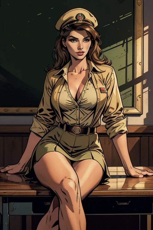 Military female officer is a bimbo teacher, wearing a green army hat, tan skin, tan lines, school classroom, at classroom chair, legs crossed, green tigh skirt, legs crossed, thick thighs, ((wearing a light brown button shirt)), (best quality,4k,8k,highres,masterpiece:1.2),ultra-detailed,(realistic,photorealistic,photo-realistic:1.37), HDR, UHD, studio lighting, ultra-fine painting, sharp focus, physically-based rendering, extreme detail description, professional, vivid colors, bokeh, portraits, lace, vintage, glamorous, sensual, delicate, smooth skin tone, golden lighting, luxurious, alluring gaze, lustrous hair, vintage makeup, graceful pose, intimate setting, soft shadows, retro decor, intricate patterns, exquisite embroidery, enchanting ambiance, feminine charm, seductive atmosphere, pointing a firearm, mysterious and dangerous allure, confident demeanor