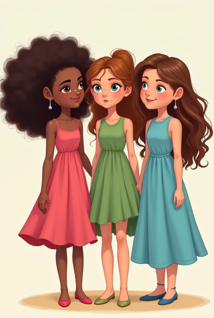 1. Super powerful girl pink dress, Brunette with brown hair and curls 2. Super powerful girl green dress, clear skin, brown hair and curly hair 3. Super powerful girl in light blue dress, clear skin, Brown and straight hair Three animated friends More tender
