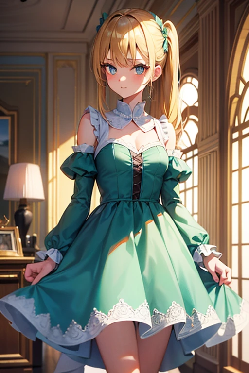 1 girl, standing alone, hair blonde,  double tail,  emerald eyes, light blue dress, Inside a mansion, looking ahead at viewer 