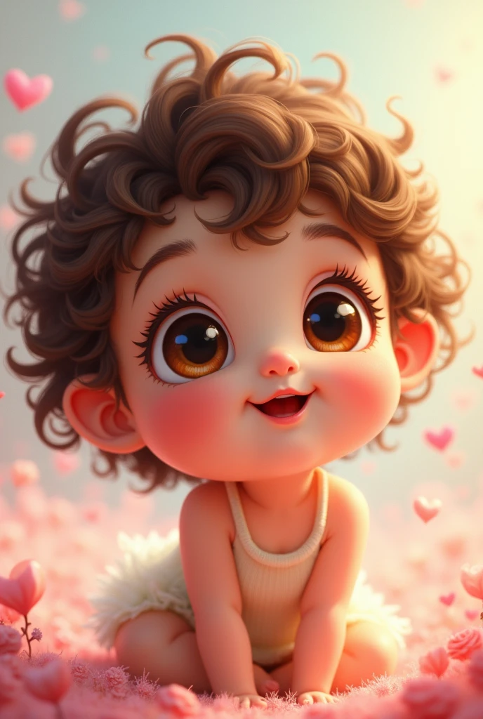 Female baby pixa character with short curly hair and brown eyes