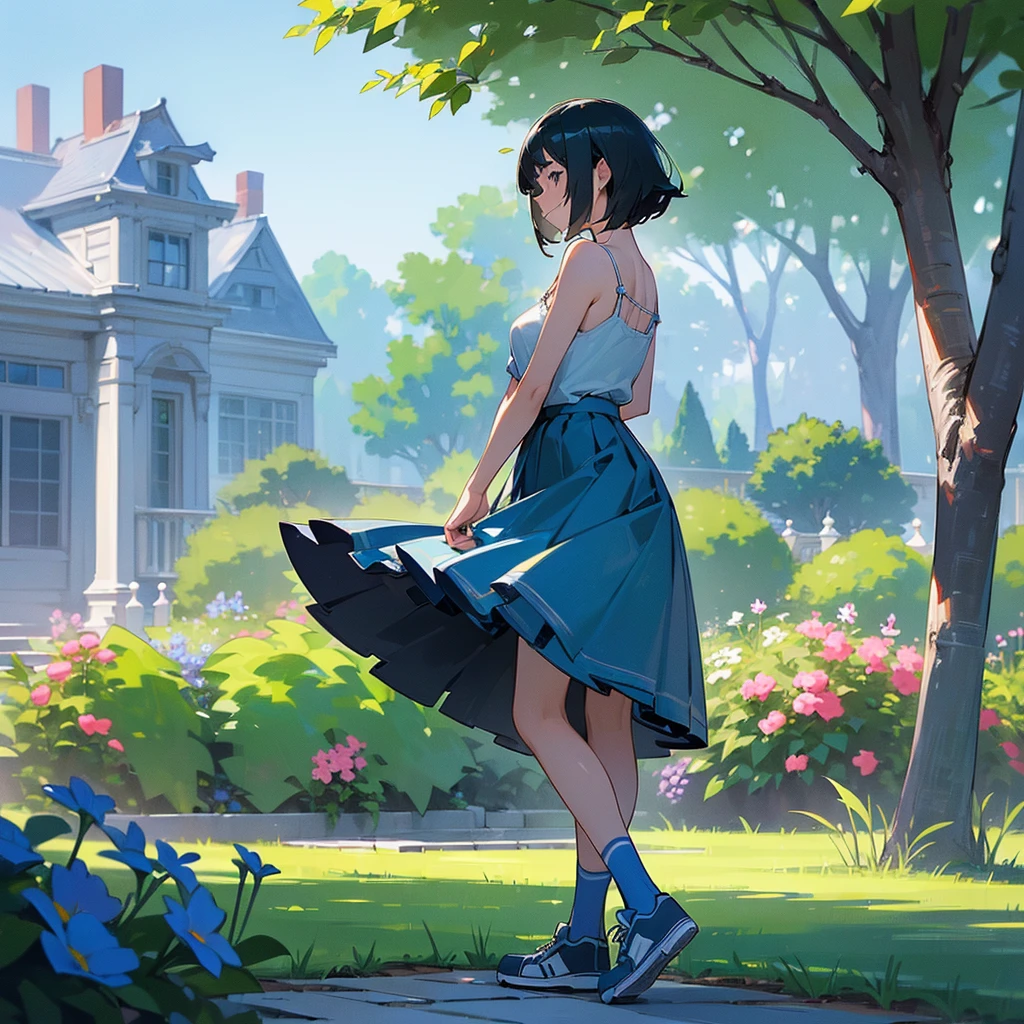 (high quality, High resolution, Very detailed, reality:1.37), Peaceful atmosphere, (Outdoor, garden), age girl standing alone, (my breasts are big.), Beautiful details, Cute Smile, (Black bob hair), camisole, Blue Skirt, Blue socks, sneakers.