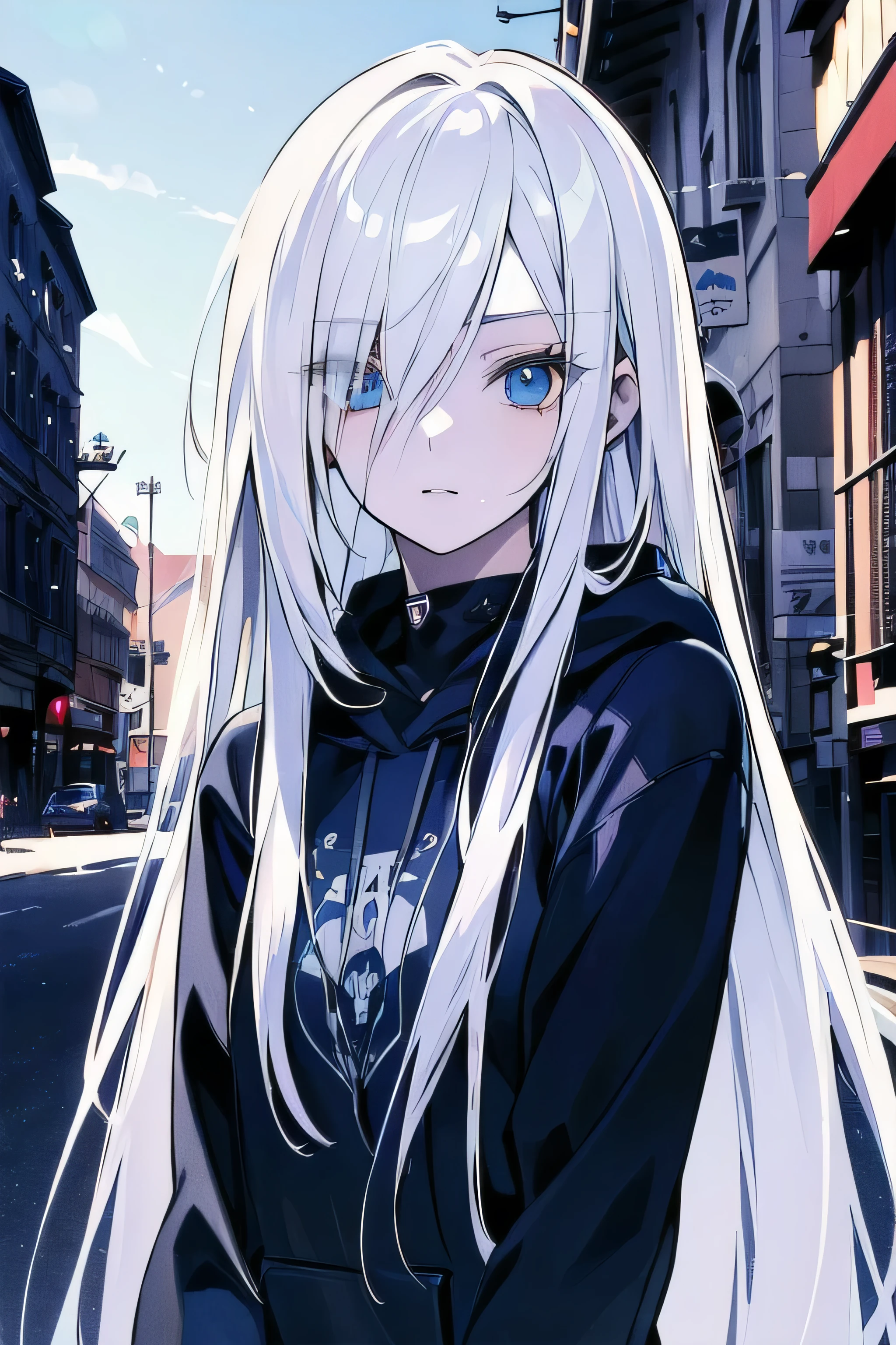 ((masterpiece)), ((best quality)), ((best illustration)), ((ultra-detailed)),((photorealistic color)), 1 lady, solo, teenager, absurdly long hair, white hair, straight hair, ((blue eyes)), ((ultra detailed eyes)), ((ultra detailed face)), gloomy, hoodie, thin body, thin arms, long arms, night, alley, backlight