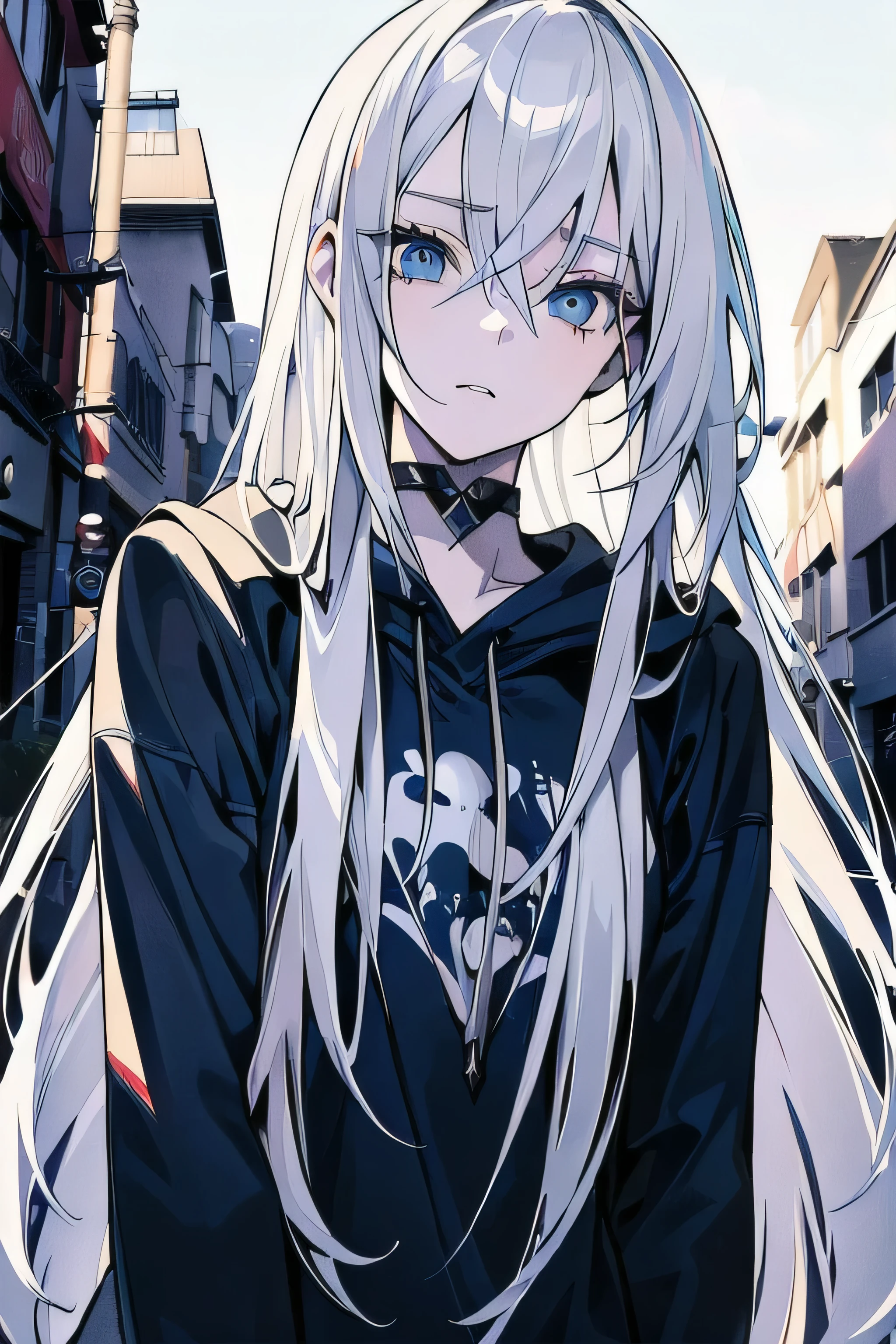 ((masterpiece)), ((best quality)), ((best illustration)), ((ultra-detailed)),((photorealistic color)), 1 lady, solo, teenager, absurdly long hair, white hair, straight hair, ((blue eyes)), ((ultra detailed eyes)), ((ultra detailed face)), gloomy, hoodie, thin body, thin arms, long arms, night, alley, backlight