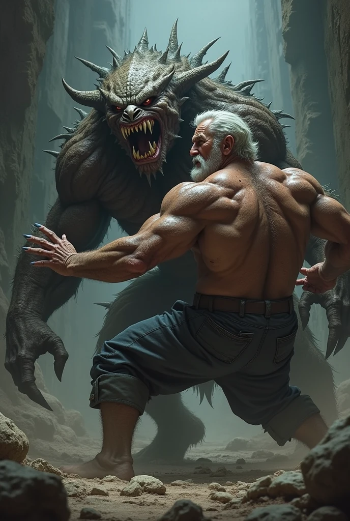 Create an image of an old muscle man fighting a monster