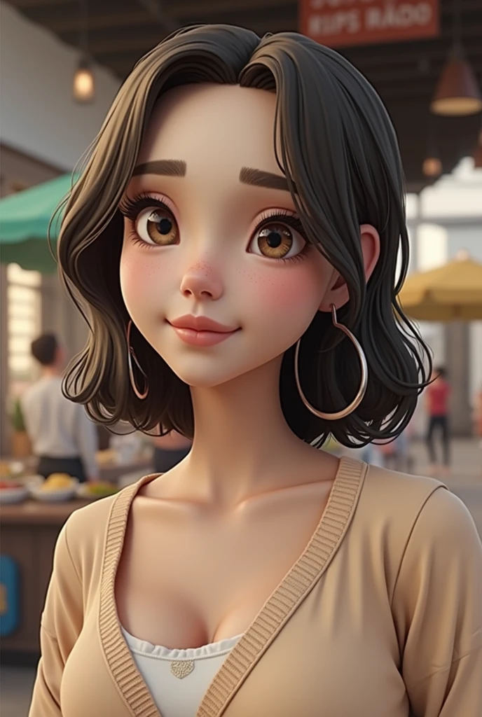 a teenager, (lexi rabe face), (huge breasts), wears cardigan :1.1, wear shorts, smiling, Ultra detailed face, detailed eyes, Walking in a market, Soft lighting, photorealistic, Realistic lighting, (Best Quality), 8k, (masterpiece:1.2)