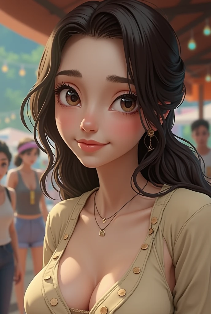a ager, (lexi rabe face), (huge breasts), wears cardigan :1.1, wear shorts, smiling, Ultra detailed face, detailed eyes, Walking in a market, Soft lighting, photorealistic, Realistic lighting, (Best Quality), 8k, (masterpiece:1.2)