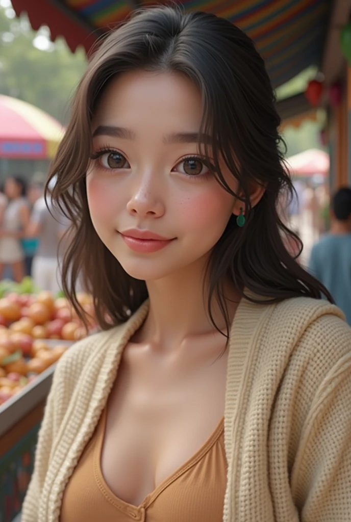 a teenager, (lexi rabe face), (huge breasts), wears cardigan :1.1, wear shorts, smiling, Ultra detailed face, detailed eyes, Walking in a market, Soft lighting, photorealistic, Realistic lighting, (Best Quality), 8k, (masterpiece:1.2)